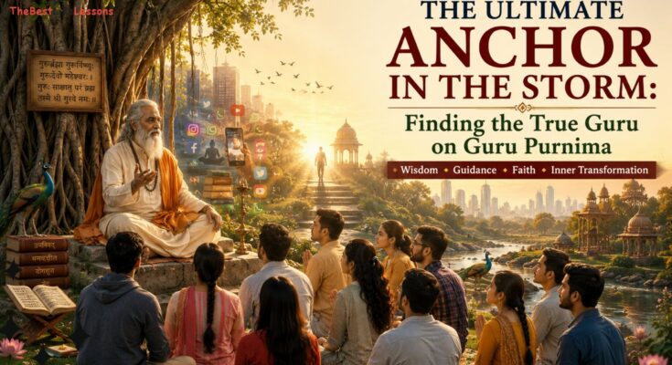 A wise spiritual guru guiding young disciples beneath a banyan tree during Guru Purnima, symbolising wisdom, selfless guidance, and inner peace.